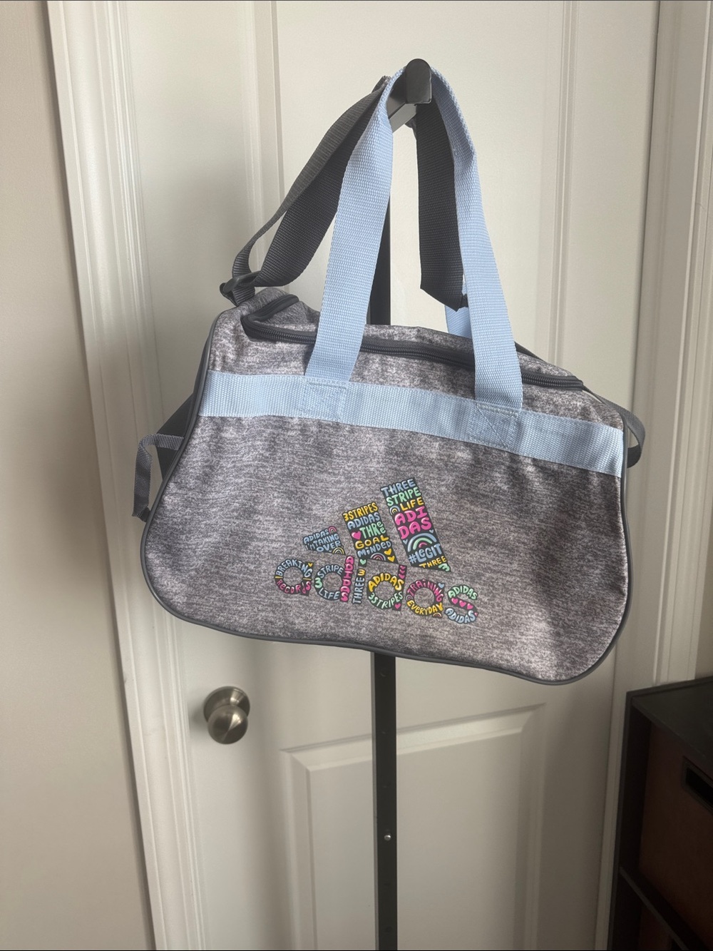 adidas Heather Gray Duffel with Light Blue Straps and Multicolor Logo